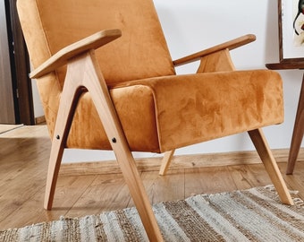 Handmade Orange Velvet Armchair: Mid-Century Modern Accent Chair