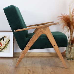 Mid Century Armchair, Green Velvet, Solid Beech Frame, Handmade in Europe