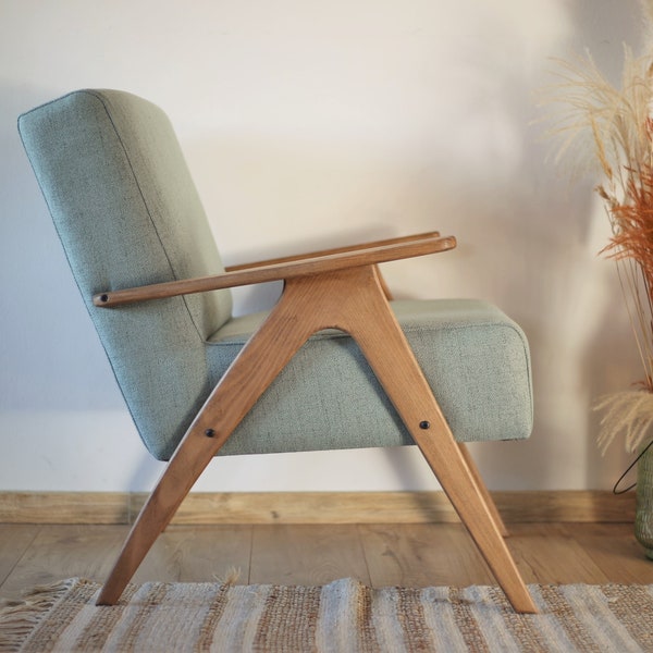 Fauteuil Mid-Century - Chaise bleue, fauteuil rétro, petit fauteuil salon confortable, fauteuil d'appoint de chambre à coucher, chaise à structure en bois, fauteuil de bureau