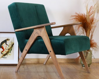 Mid Century Fauteuil - Fluwelen Groene Stoel, Retro Fauteuil, Kleine Comfortabele Fauteuil, Slaapkamer Fauteuil, Houten Frame Stoel, Kantoor Fauteuil