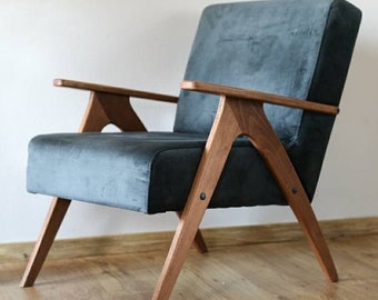 Mid Century Armchair: Dark Grey Upholstery, Solid Beech Frame, Handmade