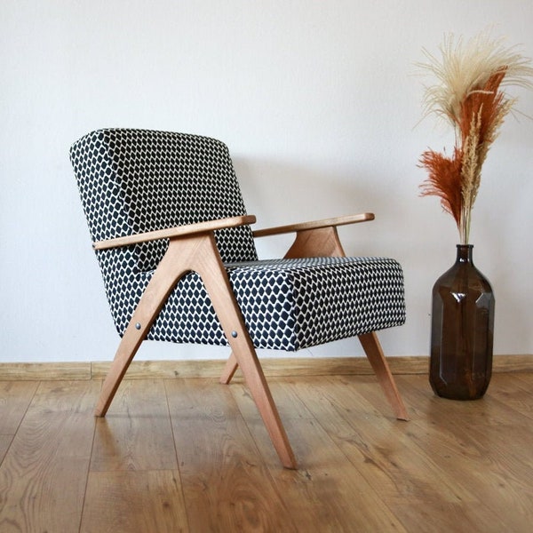 Fauteuil vintage géométrique, fauteuil noir et blanc du milieu du siècle fait main, fauteuil noir et blanc, petit fauteuil confortable pour le salon