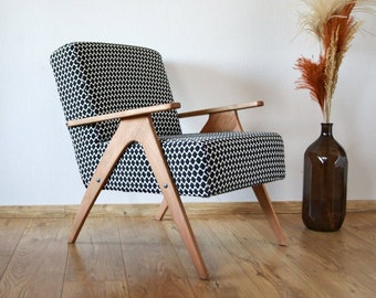 Geometrische vintage fauteuil, zwart-wit fauteuil uit het midden van de eeuw handgemaakt, zwart-wit fauteuil, kleine comfortabele fauteuil voor de woonkamer