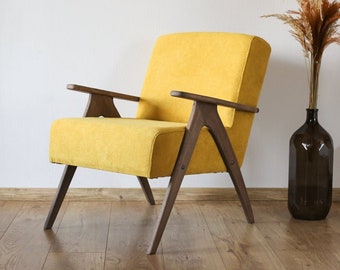 Fauteuil vintage jaune, fauteuil du milieu du siècle en tissu jaune moutarde, meubles rétro faits main, petit fauteuil confortable pour le salon