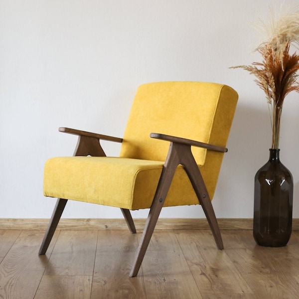 Fauteuil vintage jaune, fauteuil du milieu du siècle en tissu jaune moutarde, meubles rétro faits main, petit fauteuil confortable pour le salon