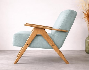 Handmade Mid-Century Modern Blue Upholstered Lounge Armchair, Solid Beech Wood Frame