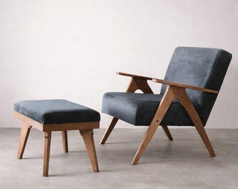 Mid Century Armchair and Ottoman Set: Dark Grey Upholstery, Solid Beech Frame, Handmade