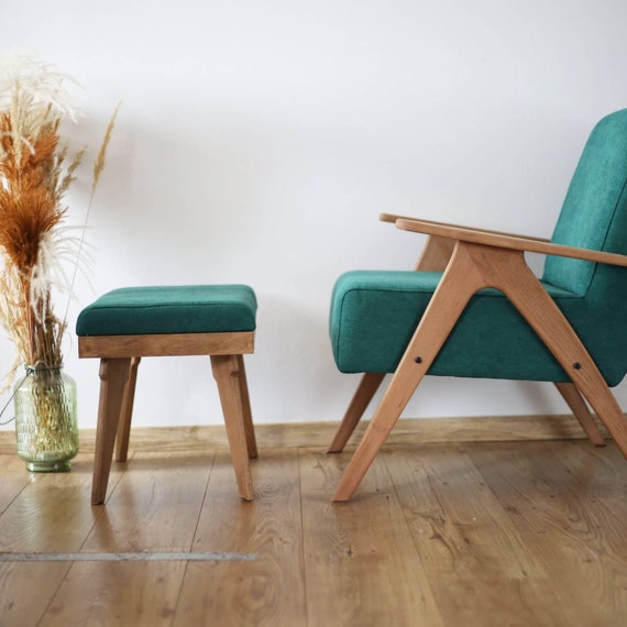 Mid Century Sessel und Ottomane in Grünem Stoff, Handgemachter Vintage  Sessel, grüner Sessel, kleiner bequemer Sessel für Wohnzimmer