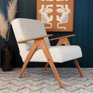 Poltrona moderna di metà secolo in lino beige, sedia in stile vintage fatta a mano, acquista altri mobili retrò e vintage nella nostra collezione