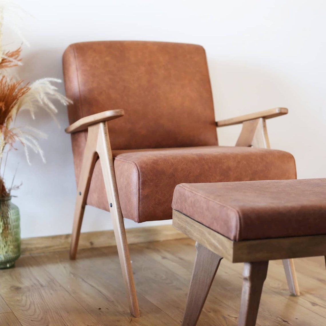Vintage Leather Armchair and Ottoman Set Mid Century Set Etsy