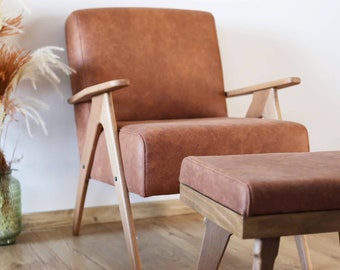 Handmade Mid-Century Faux Leather Armchair and Ottoman Set
