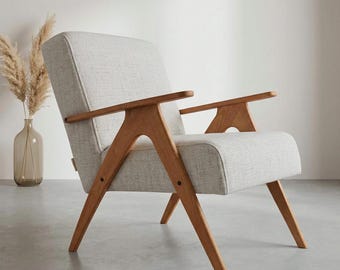 Handmade Mid-Century Modern Armchair: Beige Linen, Solid Wood