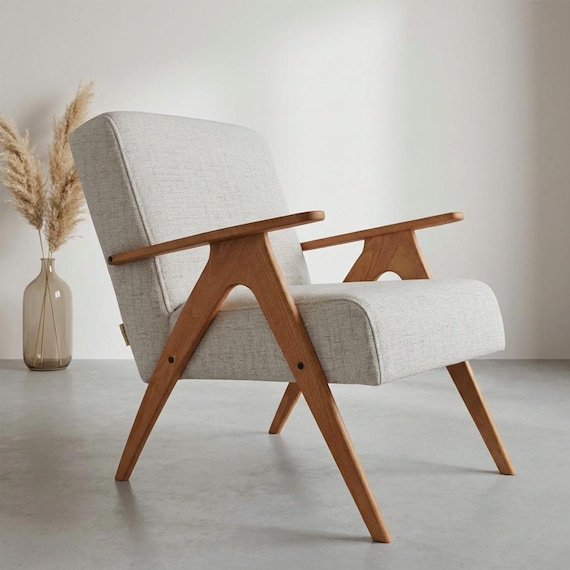 Handmade Mid-Century Modern Armchair: Beige Linen, Solid Wood