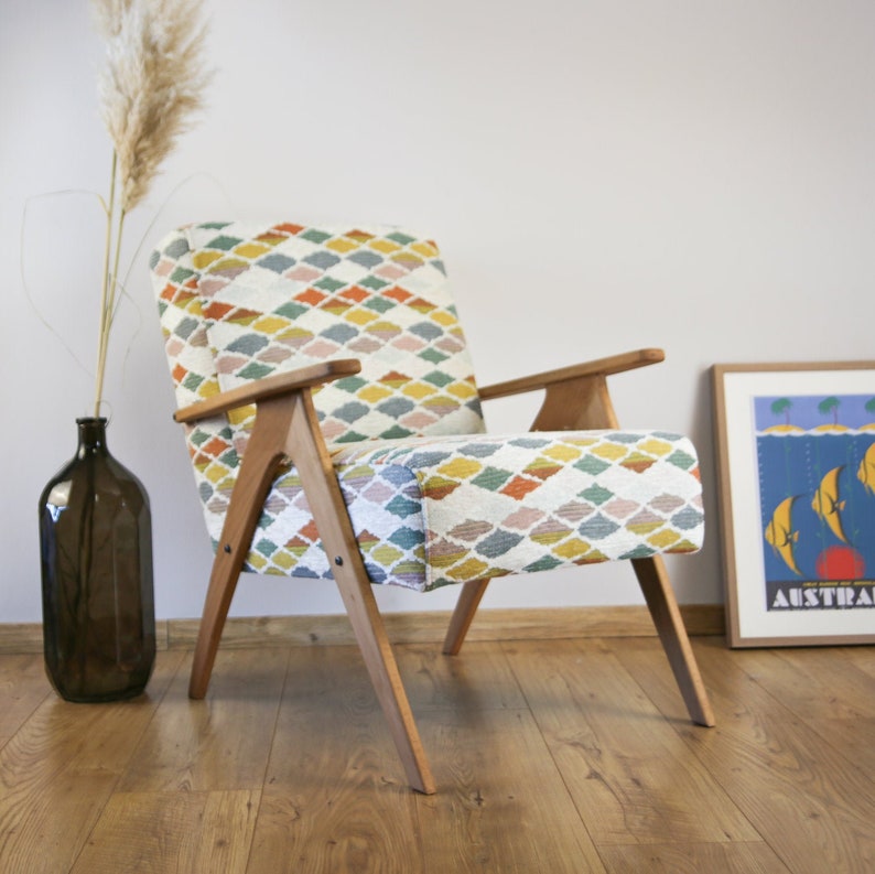 Mid Century Armchair, vintage armchair in Colorful fabric
