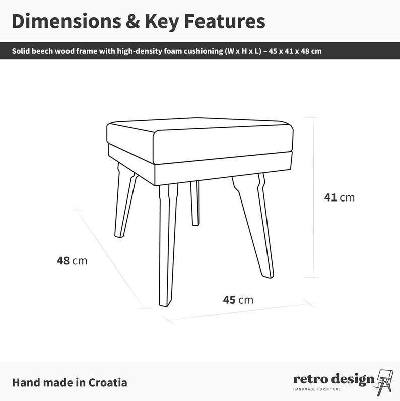 Handmade Mid-Century Grey Upholstered Ottoman with Beech Wood Legs image 8