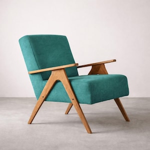 Mid Century Armchair, Green Velvet, Solid Beech Frame, Handmade in Europe