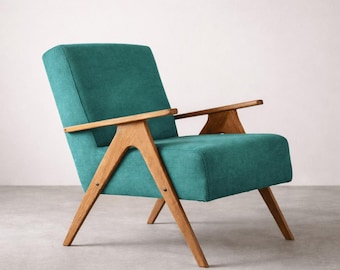 Mid Century Armchair, Green Velvet, Solid Beech Frame, Handmade in Europe