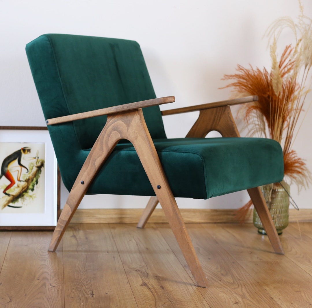 Mid Century Armchair Velvet Green Chair Retro Armchair Small