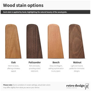 Four wood-stain samples in Oak, Palisander, Beech, Walnut, displaying colour options for armrests
