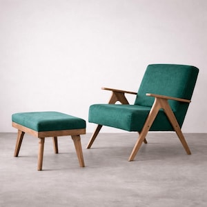 Handmade Mid-Century Modern Green Armchair and Ottoman Set: Solid Beech Wood