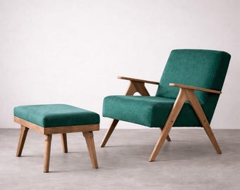 Handmade Mid-Century Modern Green Armchair and Ottoman Set: Solid Beech Wood