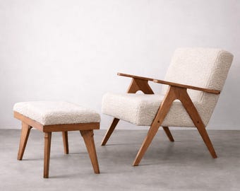 Boucle Armchair and Ottoman Set, Mid Century, Sherpa Fabric, Handmade
