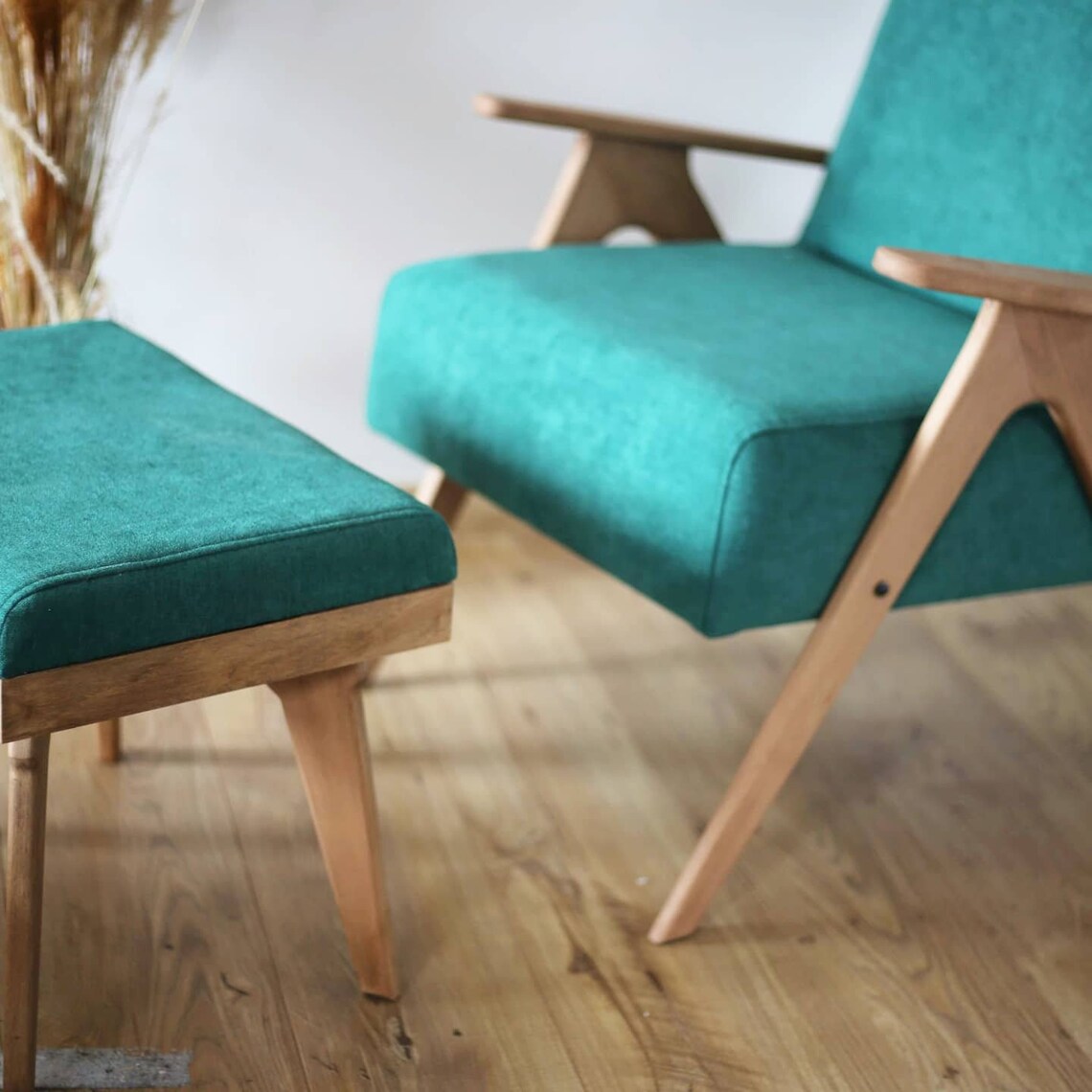 Mid Century Armchair and Ottoman Set in Green Fabric Handmade Etsy