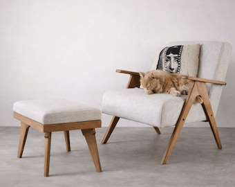 Handmade Mid-Century Modern Armchair and Ottoman Set: Linen Upholstery