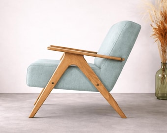 Mid Century Armchair, Blue Upholstery, Solid Beech Frame Lounge Chair