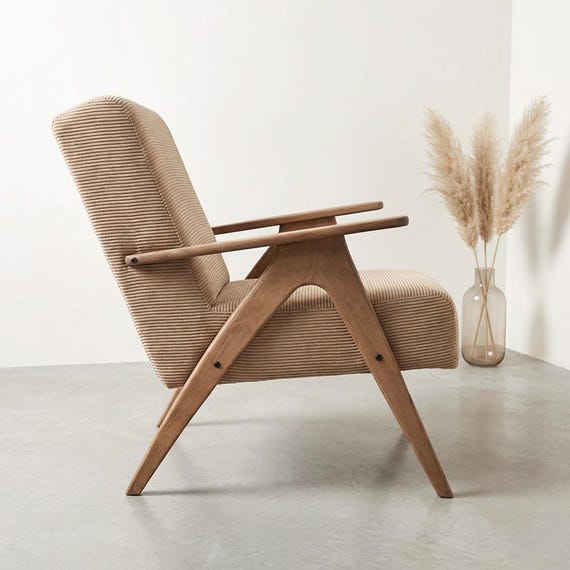 Handgefertigter brauner Cord-Sessel im Mid-Century-Stil
