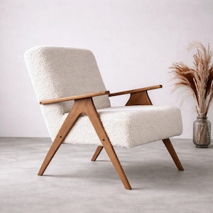 Sillón de bouclé color crema · Sillón Teddy de mediados de siglo · Estructura de haya maciza, hecho a mano