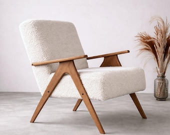 Cream Bouclé Lounge Chair · Mid-Century Teddy Armchair · Solid Beech Frame, Handmade