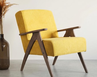 Mid Century Armchair: Mustard Yellow Fabric, Solid Beech Frame, Handmade