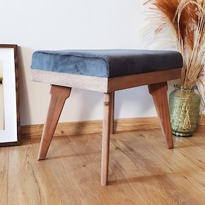 Mid Century Ottoman, Grey Fabric, Beech Wood Leg Rest, Handmade