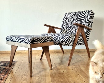 Zebra Mid Century Armchair and otoman Set, Vintage Lounge muebles hechos a mano, Sillas decorativas, Pequeño sillón cómodo para sala de estar