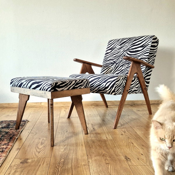Ensemble fauteuil et ottoman Zebra Mid Century, ensemble de meubles de salon vintage fait main, chaises d'appoint, petit fauteuil confortable pour le salon
