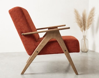 Poltrona vintage anni '60 in velluto a coste color arancio bruciato, poltrona lounge color cognac in stile Mid-Century