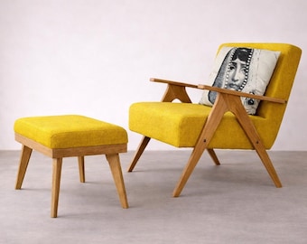 Mid Century Armchair and Ottoman Set, Yellow Upholstery, Lounge Chair