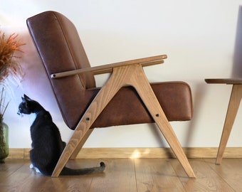 Compact Mid-Century Brown Faux-Leather Armchair | Handmade Solid Beech Accent Chair | Comfy, Small-Space Lounge Seating