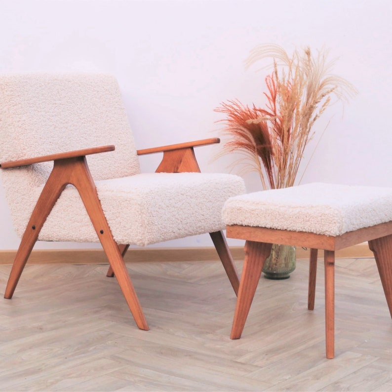 Vintage Boucle ottoman, Teddy Legrest, Sherpa chair handmade mid century armchairs, visit our shop for more mid century furniture zdjęcie 3