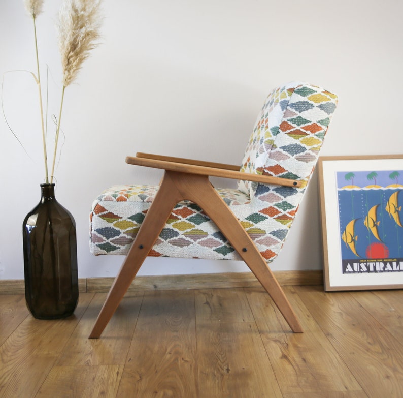 Mid Century Armchair, vintage armchair in Colorful fabric