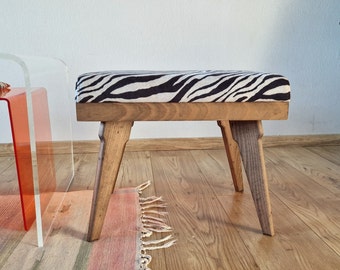Mid Century Zebra Ottoman - Upholstered Footstool for Retro Chic Decor - Handcrafted Midcentury Accent Furniture - Trendy Lounge Seating
