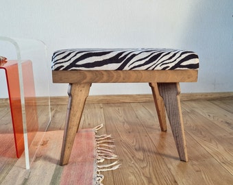 Mid Century Zebra Ottoman: Handcrafted Beech Wood Footstool