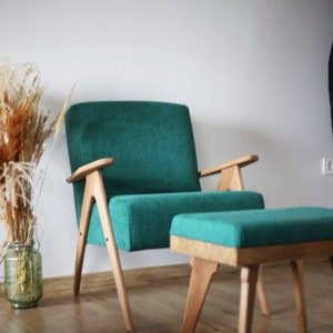 Handmade Mid-Century Modern Green Armchair and Ottoman Set