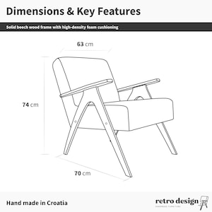 Line drawing of mid-century armchair with arrows marking 74 cm height, 63 cm width and 70 cm depth for reference