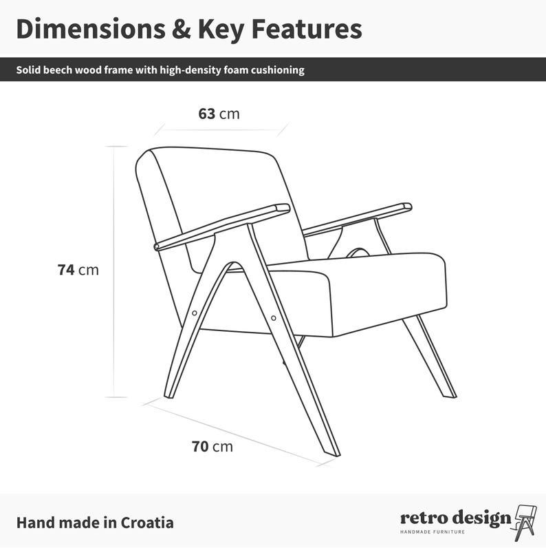 Line drawing of mid-century armchair with arrows marking 74 cm height, 63 cm width and 70 cm depth for reference