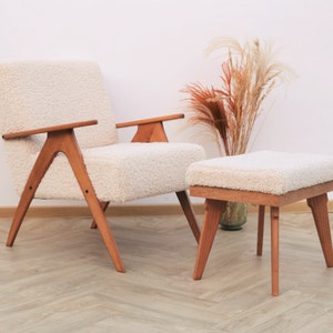 Vintage Boucle Armchair and Ottoman Set Teddy Armchair Handmade Sherpa Chair Mid Century Set Small Comfy Armchair for Living Room Etsy