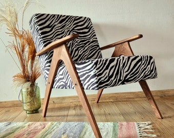 Zebra Sessel, Mid Century Akzent Stühle, Vintage Sessel Schwarz & Weiss Stoff, handgefertigte Möbel, Kleiner bequemer Sessel für Wohnzimmer