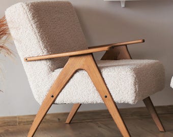 Mid-Century Armchair: Cream Bouclé Upholstery, Solid Beech Frame, Handmade