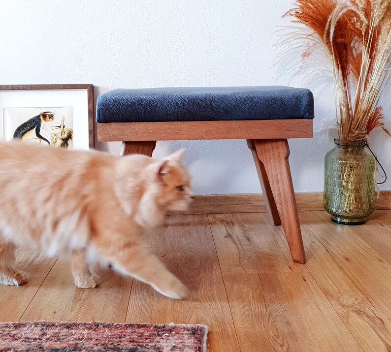 May include: A light brown wooden bench with a dark blue upholstered seat. The bench has four legs and a simple design. A ginger cat walks in front of the bench.
